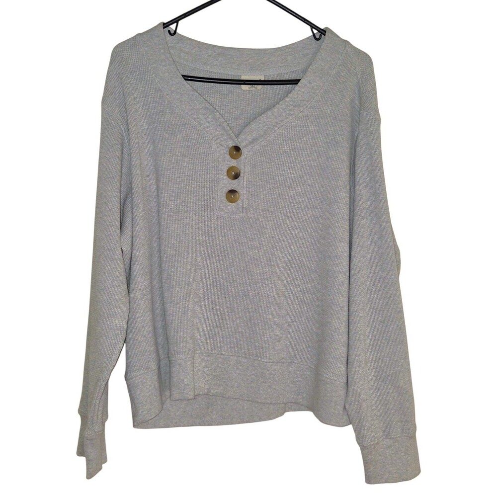 Pact Womens Large GreyThermal Waffle Henley Pullover Organic Cotton Comfy